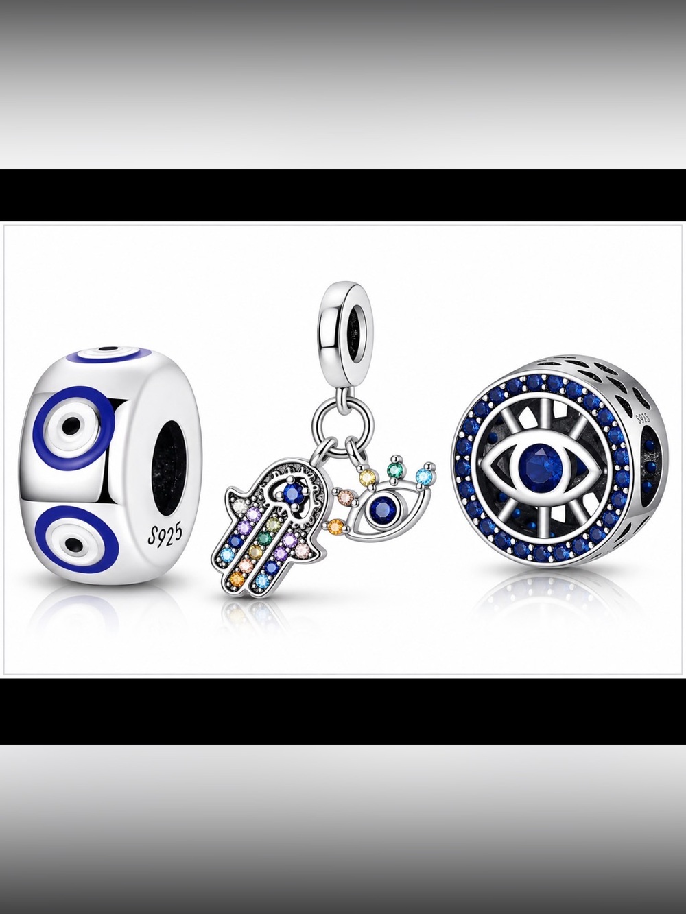 3 piece bundle Sterling Silver Hamsa and Evil Eye Charm Pandora style